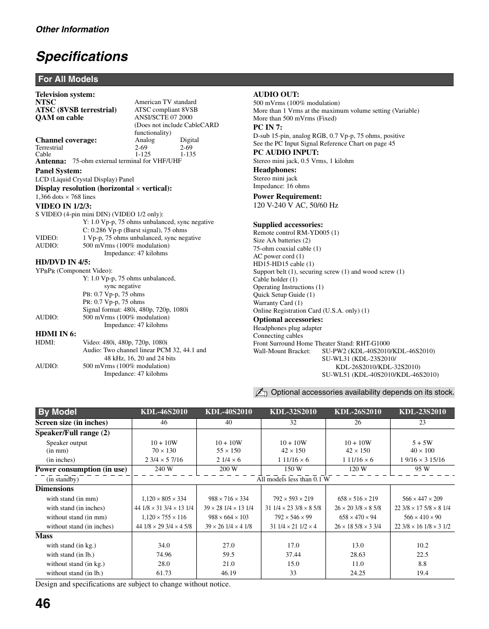 Specifications, Other information, For all models | By model | Sony BRAVIA KDL-23S2010 User Manual | Page 46 / 48