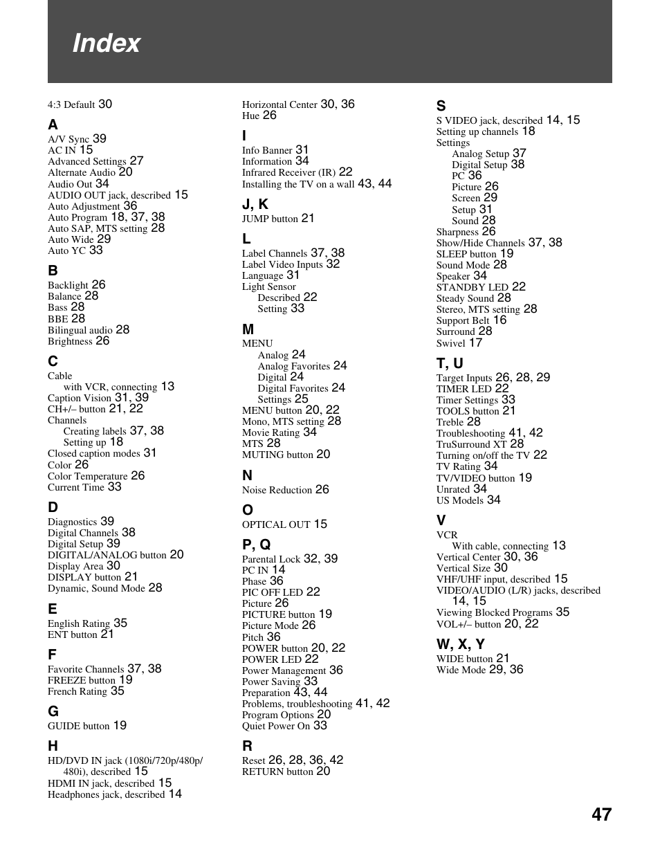 Index | Sony BRAVIA KDL-23S2010 User Manual | Page 47 / 48