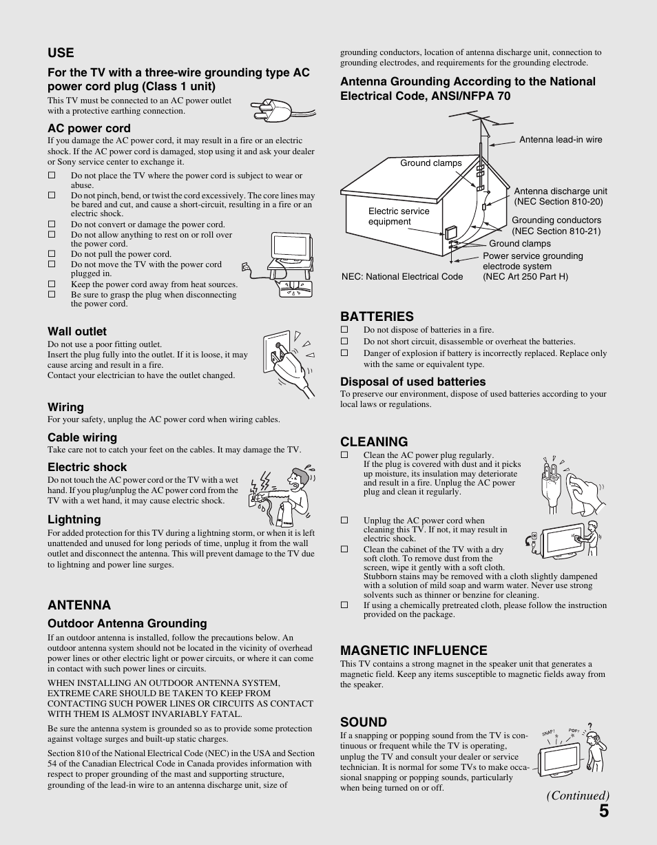 Antenna, Batteries, Cleaning | Magnetic influence, Sound, Continued) | Sony BRAVIA KDL-23S2010 User Manual | Page 5 / 48