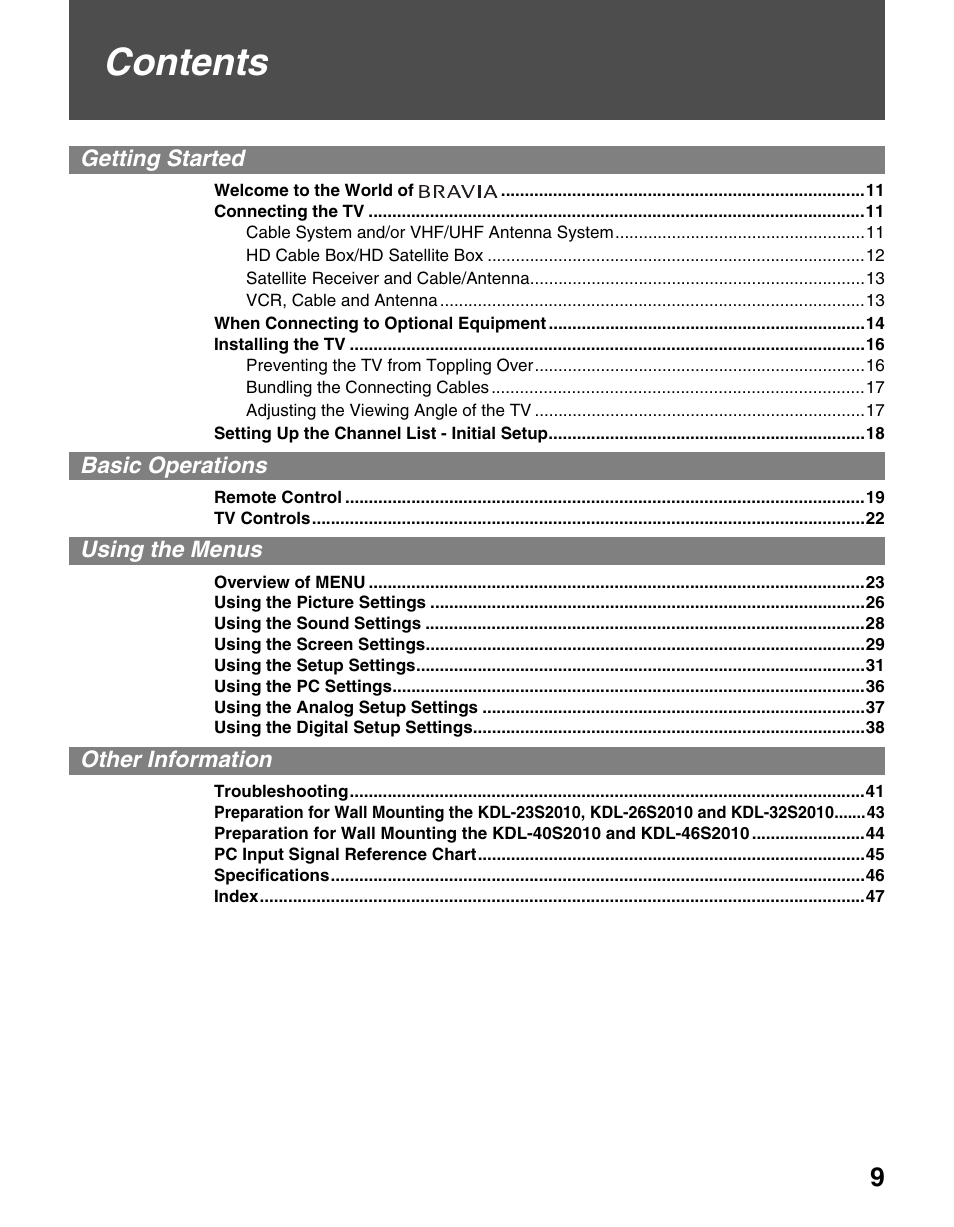 Sony BRAVIA KDL-23S2010 User Manual | Page 9 / 48