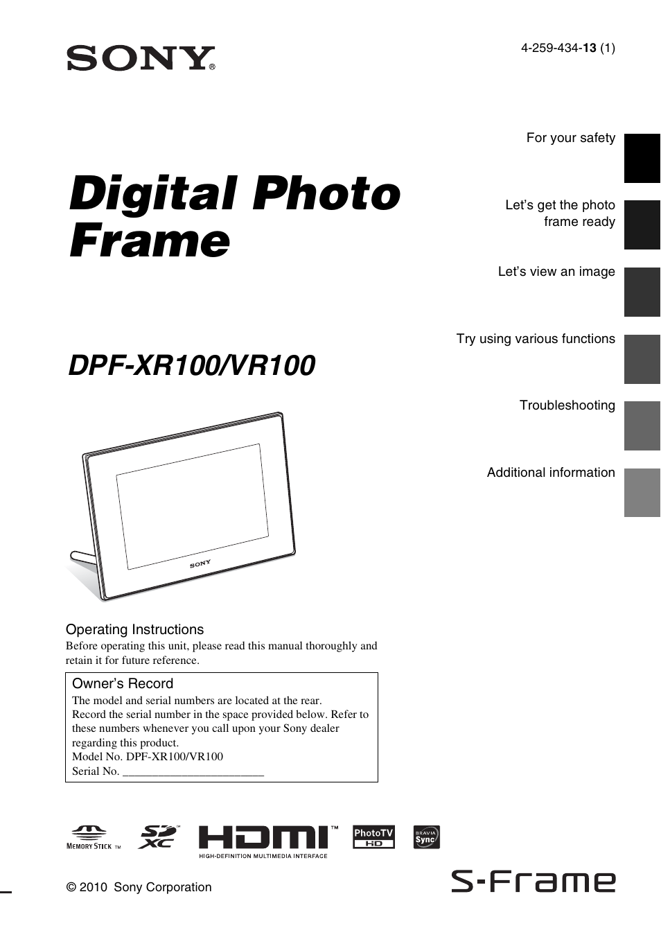 Sony S-Frame 4-259-434-13 (1) User Manual | 40 pages