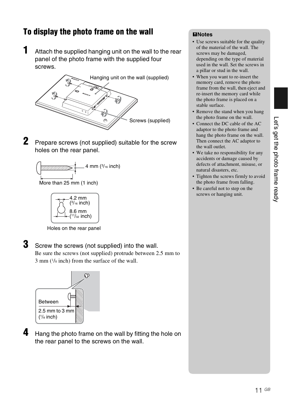 To display the photo frame on the wall | Sony S-Frame 4-259-434-13 (1) User Manual | Page 11 / 40