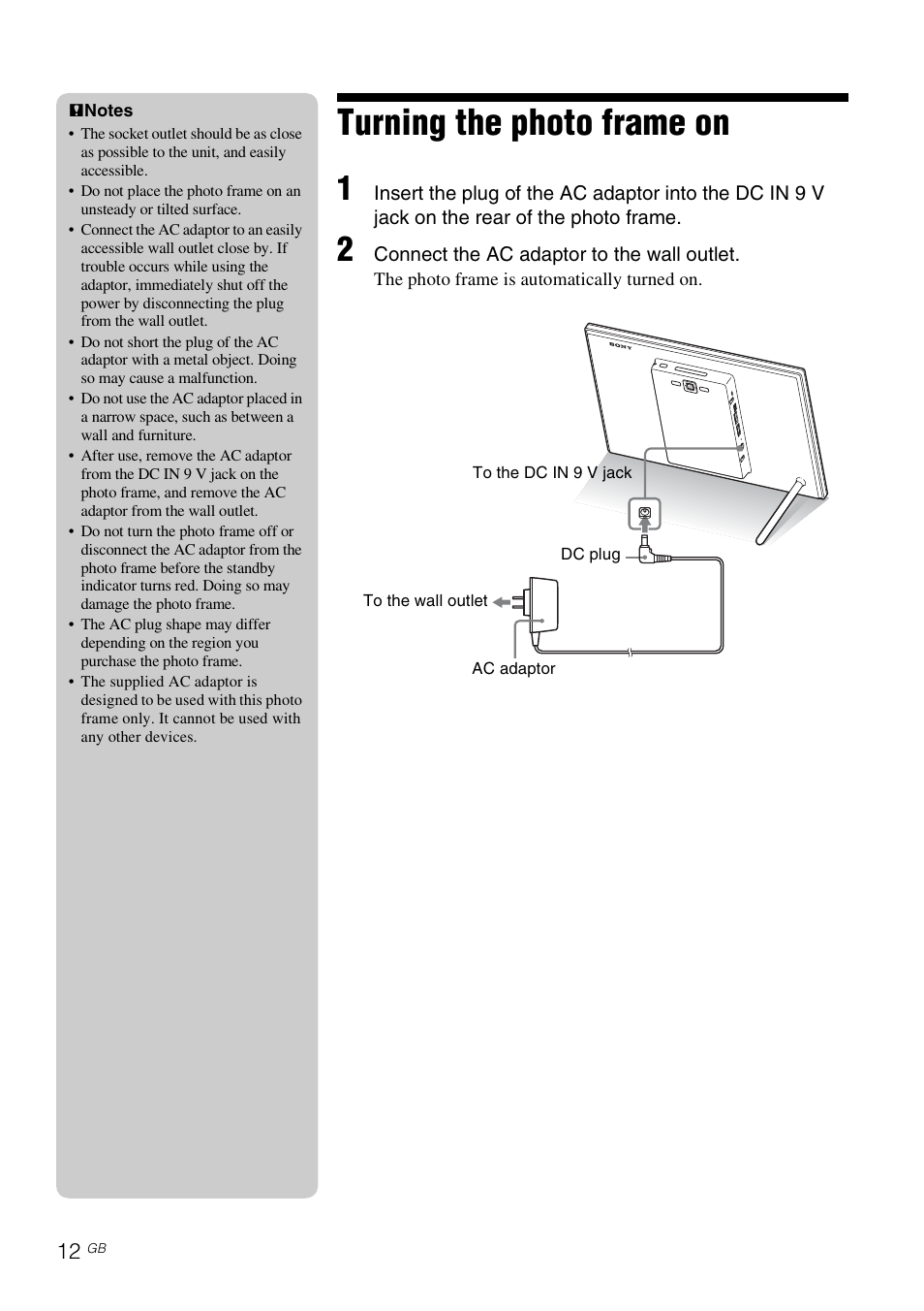 Turning the photo frame on | Sony S-Frame 4-259-434-13 (1) User Manual | Page 12 / 40