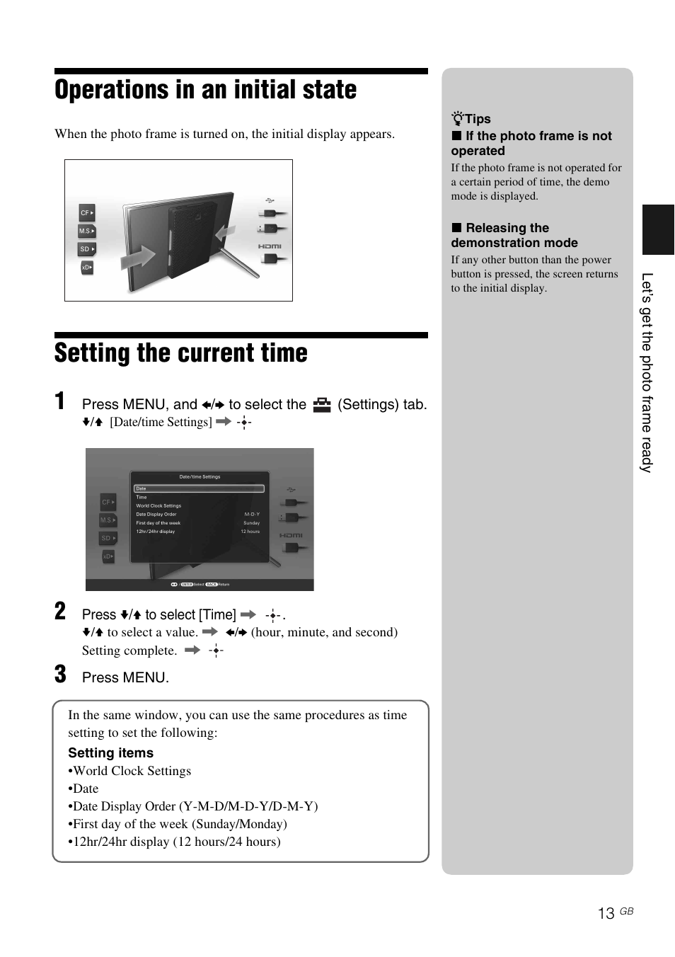 Operations in an initial state, Setting the current time | Sony S-Frame 4-259-434-13 (1) User Manual | Page 13 / 40