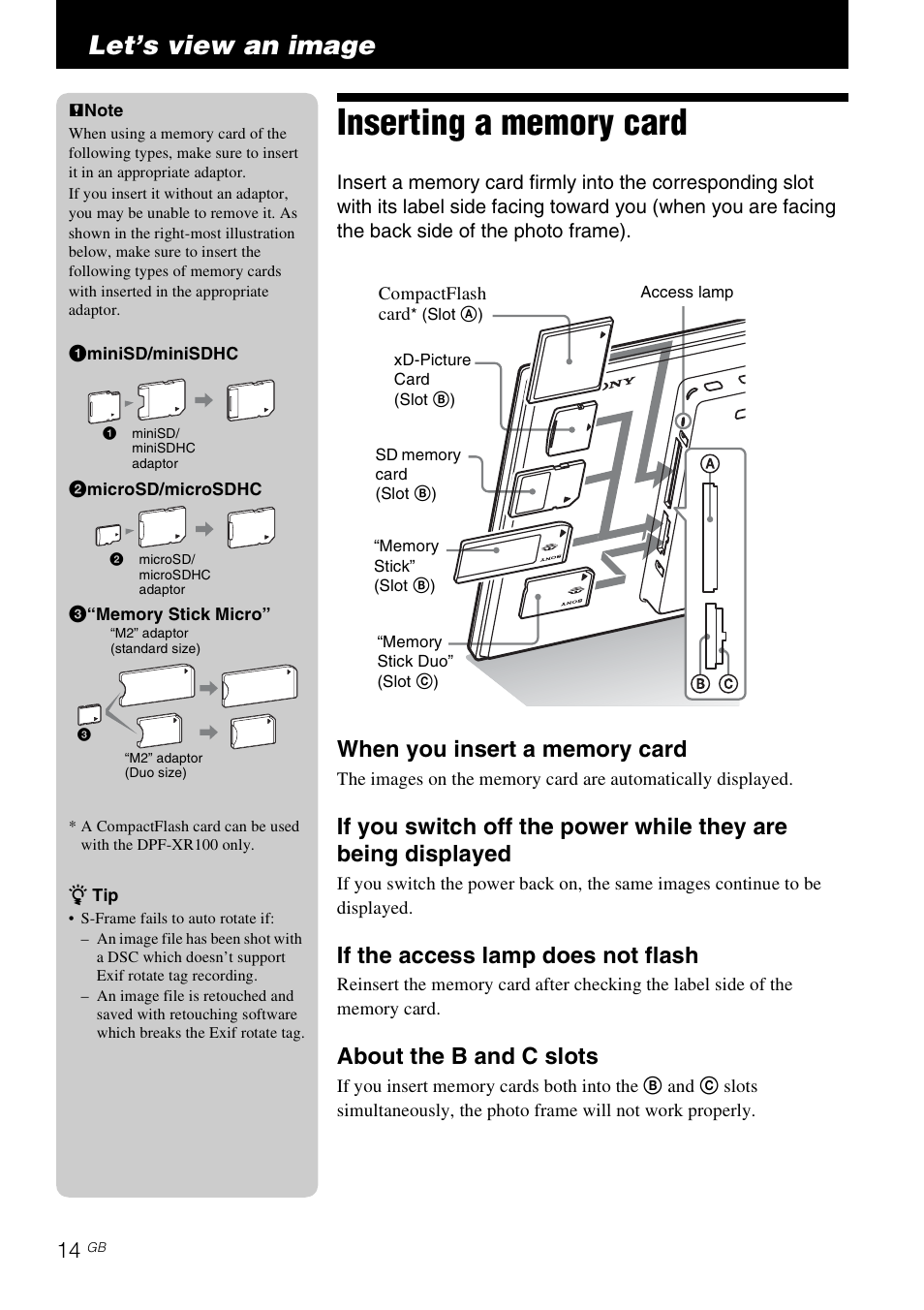 Let’s view an image, Inserting a memory card, If the access lamp does not flash | About the b and c slots | Sony S-Frame 4-259-434-13 (1) User Manual | Page 14 / 40