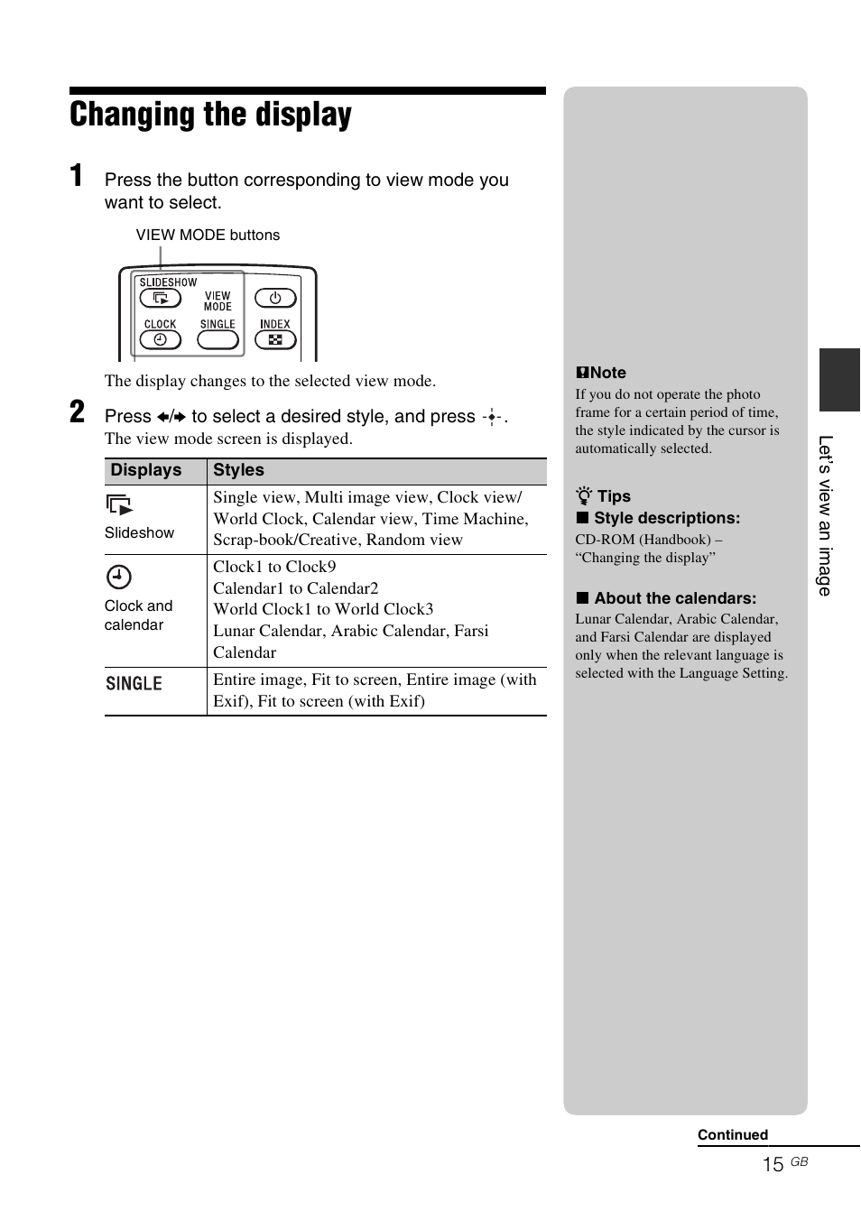 Changing the display | Sony S-Frame 4-259-434-13 (1) User Manual | Page 15 / 40