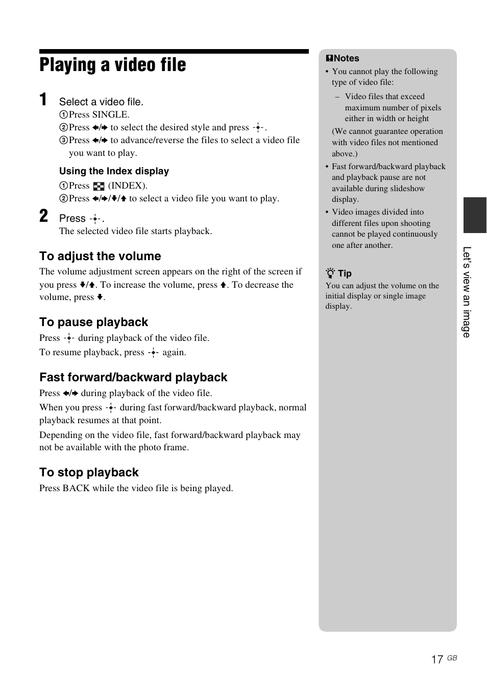 Playing a video file, Fast forward/backward playback | Sony S-Frame 4-259-434-13 (1) User Manual | Page 17 / 40