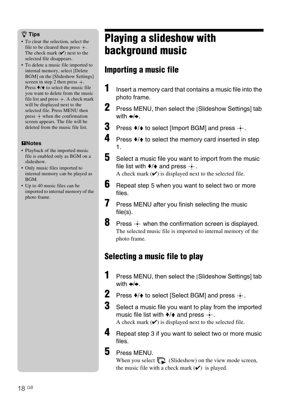 Playing a slideshow with background music, Importing a music file, Selecting a music file to play | Sony S-Frame 4-259-434-13 (1) User Manual | Page 18 / 40