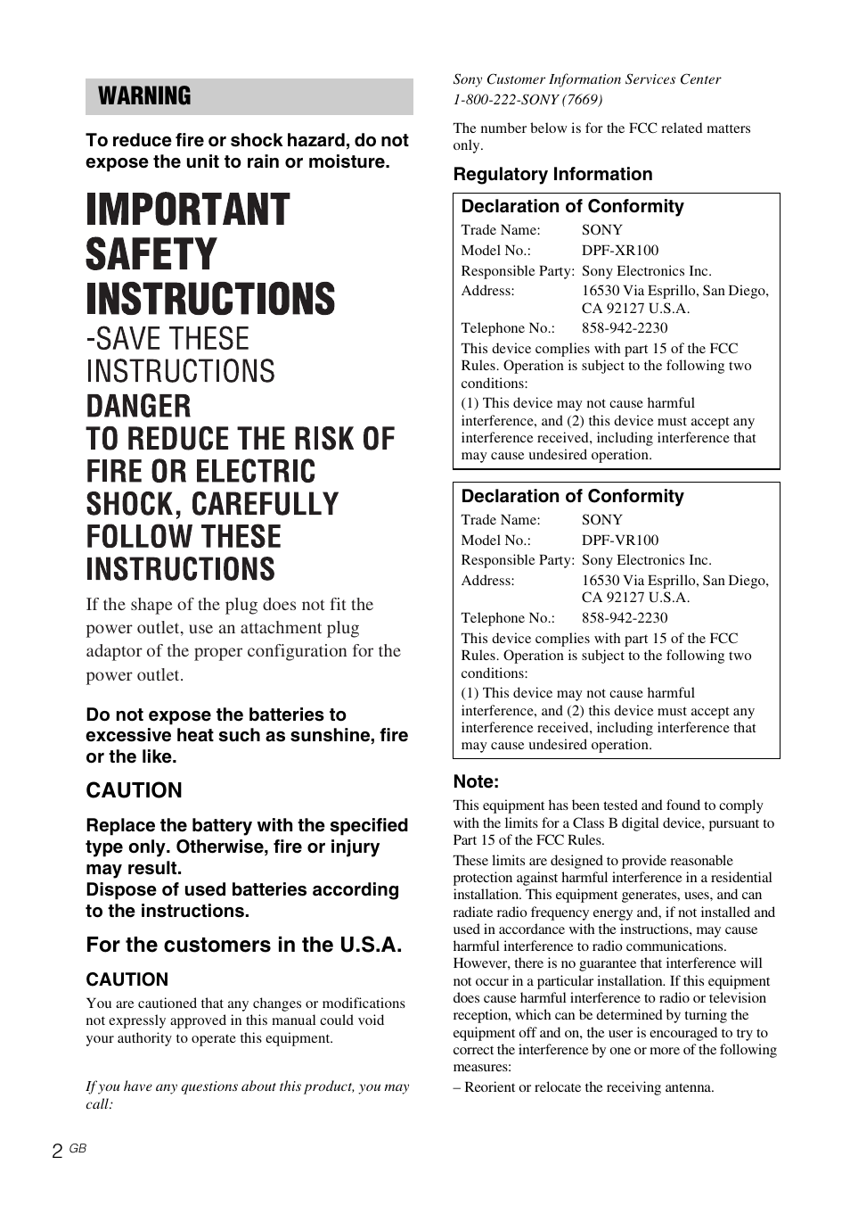 Warning, Caution, For the customers in the u.s.a | Sony S-Frame 4-259-434-13 (1) User Manual | Page 2 / 40