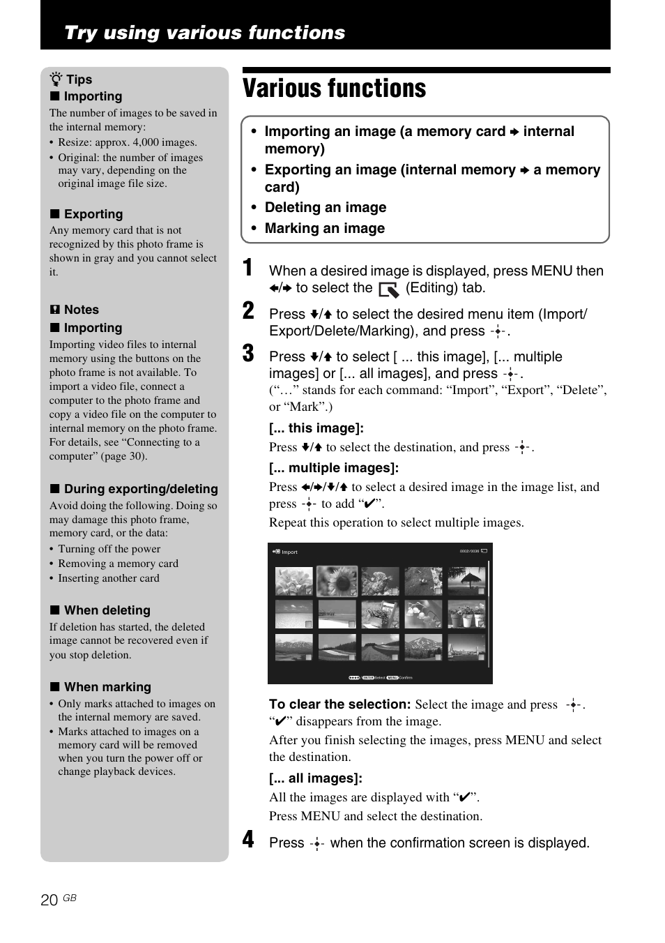 Try using various functions, Various functions | Sony S-Frame 4-259-434-13 (1) User Manual | Page 20 / 40