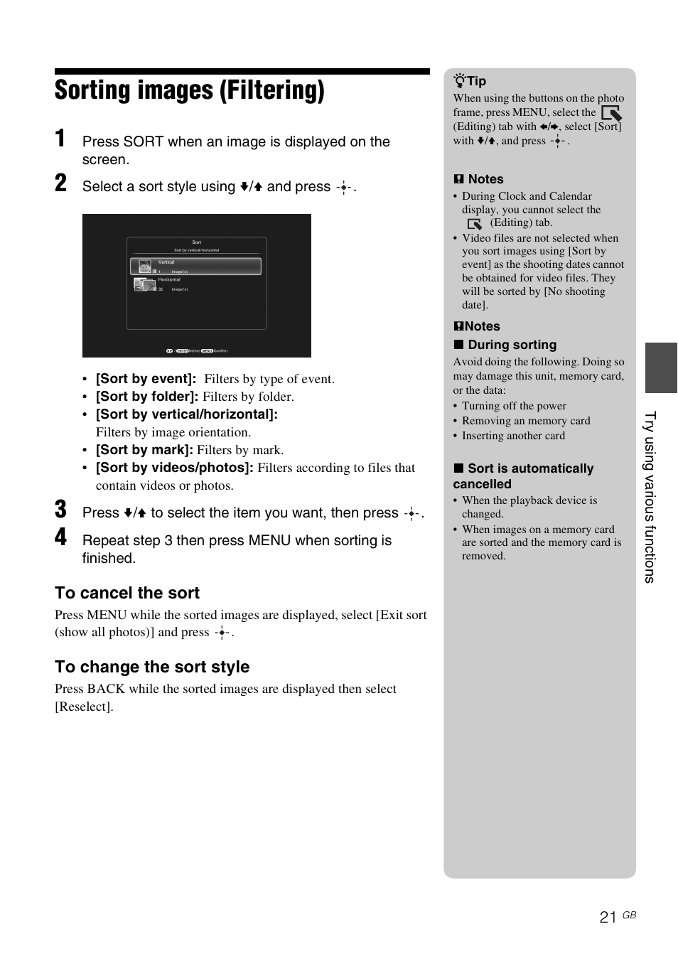 Sorting images (filtering) | Sony S-Frame 4-259-434-13 (1) User Manual | Page 21 / 40