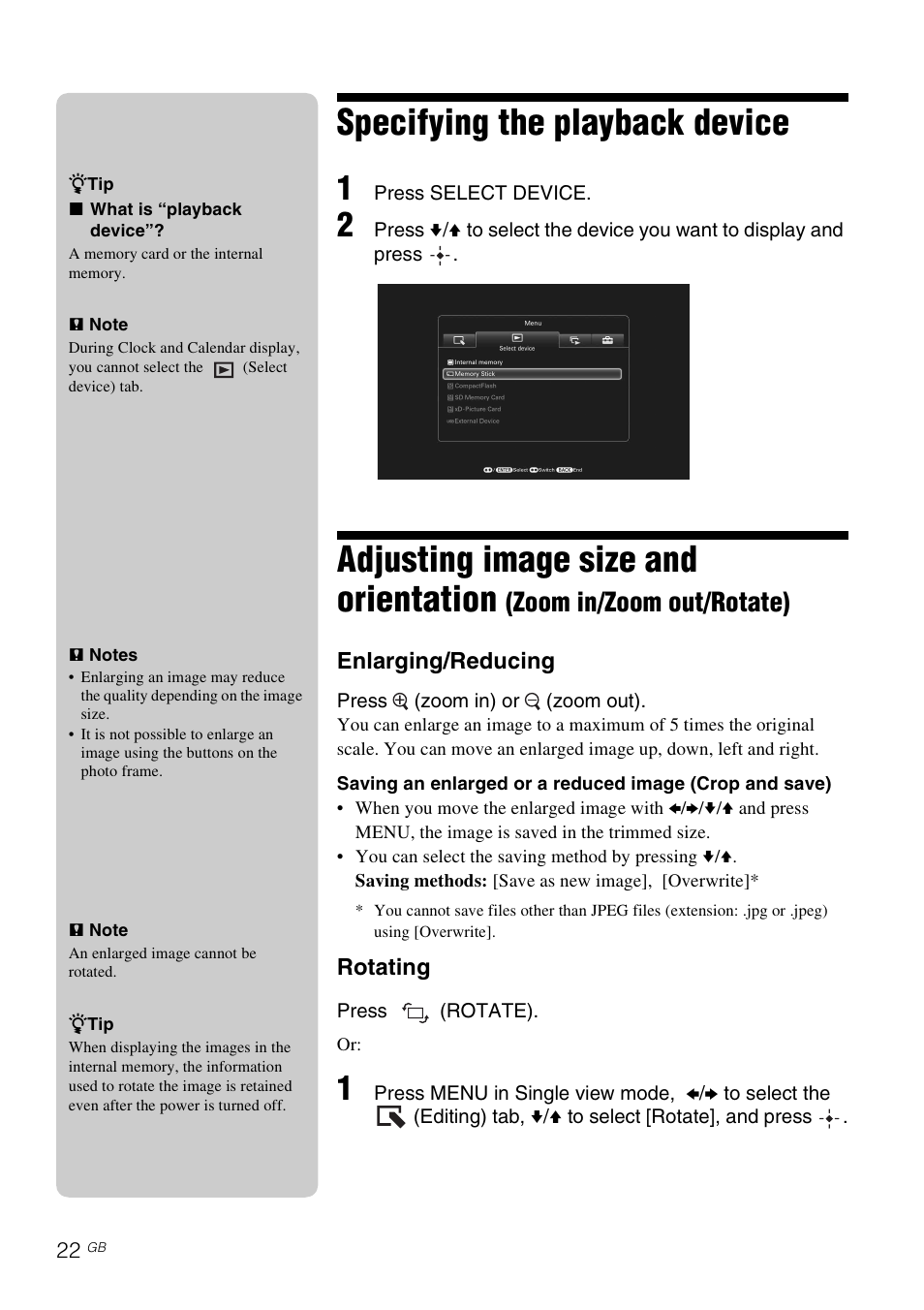 Specifying the playback device, Adjusting image size and orientation, Zoom in/zoom out/rotate) | Sony S-Frame 4-259-434-13 (1) User Manual | Page 22 / 40