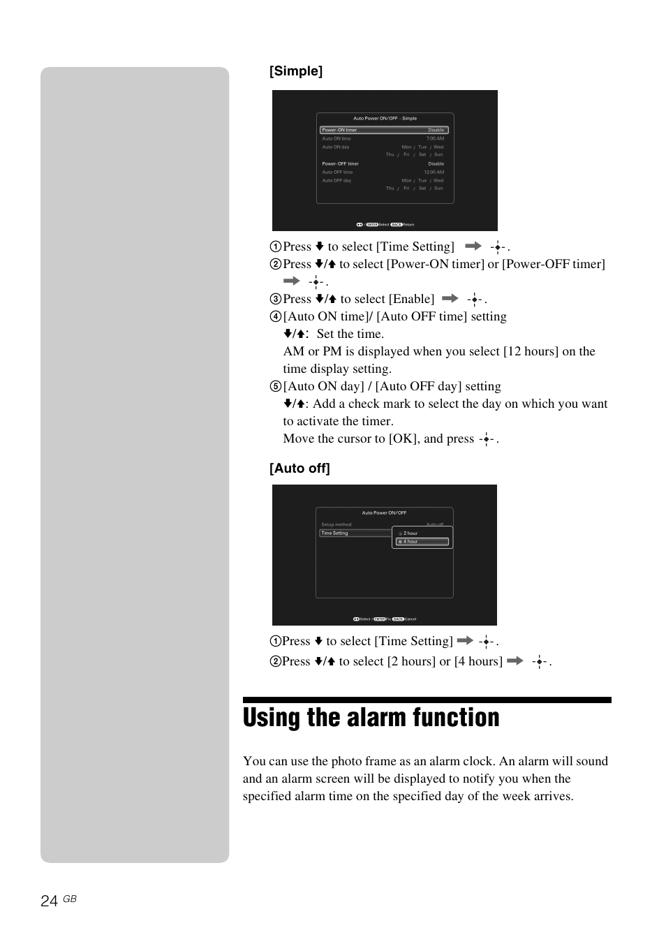 Using the alarm function | Sony S-Frame 4-259-434-13 (1) User Manual | Page 24 / 40