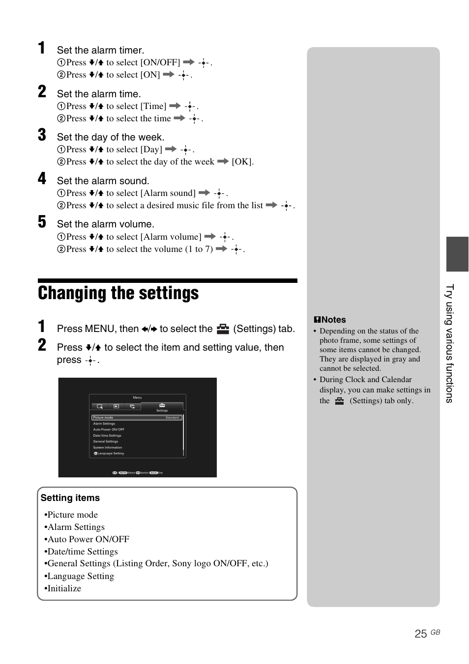 Changing the settings | Sony S-Frame 4-259-434-13 (1) User Manual | Page 25 / 40