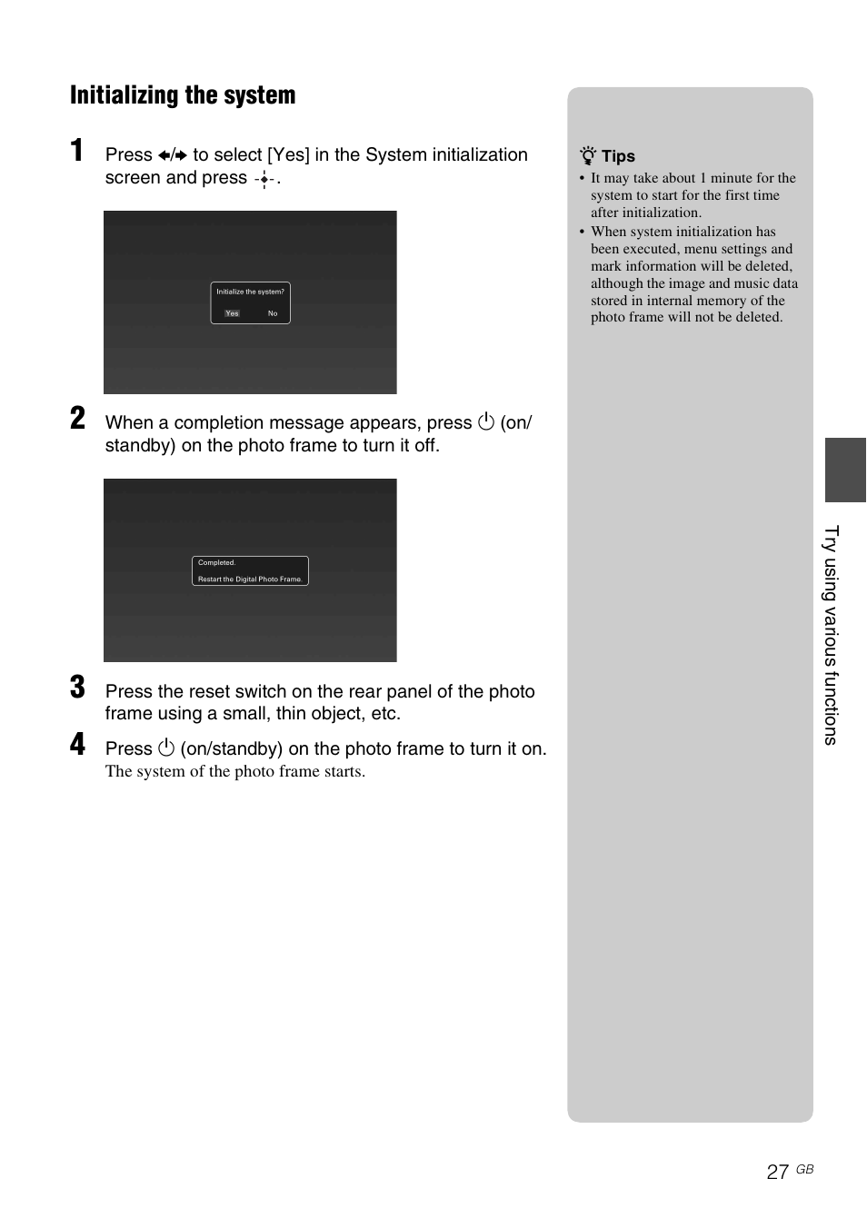 Initializing the system | Sony S-Frame 4-259-434-13 (1) User Manual | Page 27 / 40