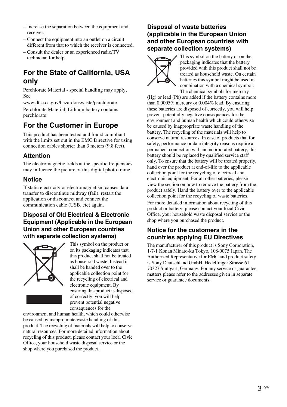 For the state of california, usa only, For the customer in europe | Sony S-Frame 4-259-434-13 (1) User Manual | Page 3 / 40