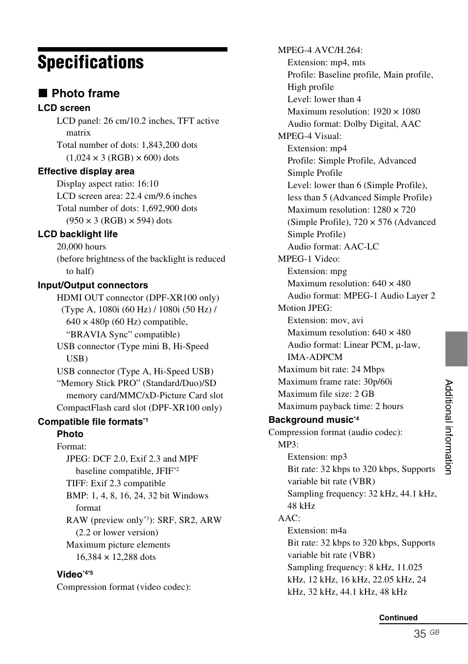 Specifications, X photo frame | Sony S-Frame 4-259-434-13 (1) User Manual | Page 35 / 40