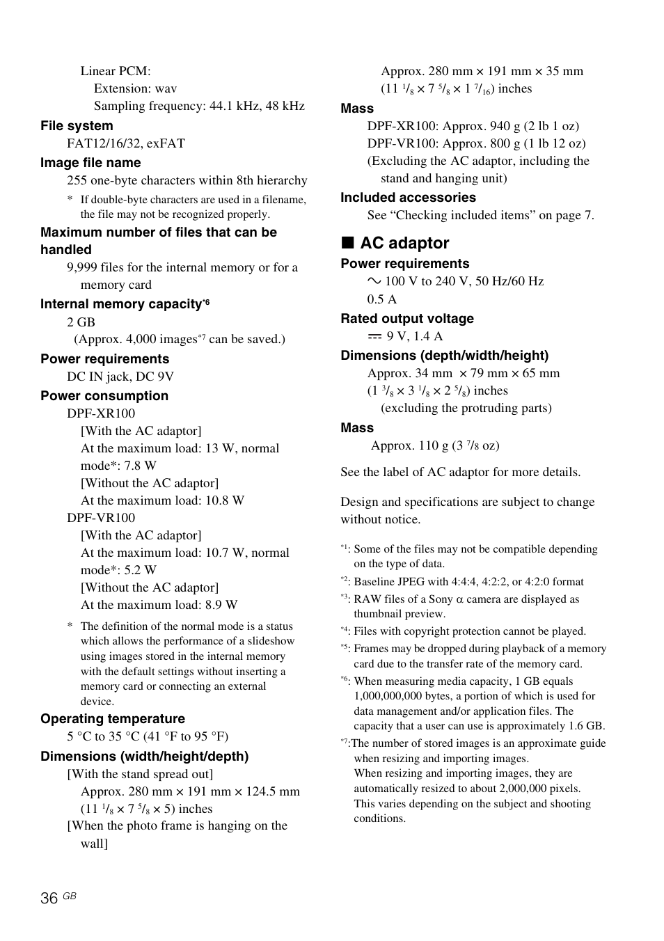 X ac adaptor | Sony S-Frame 4-259-434-13 (1) User Manual | Page 36 / 40