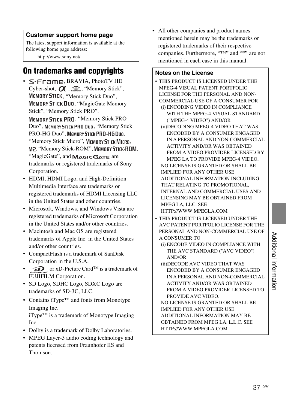 On trademarks and copyrights | Sony S-Frame 4-259-434-13 (1) User Manual | Page 37 / 40