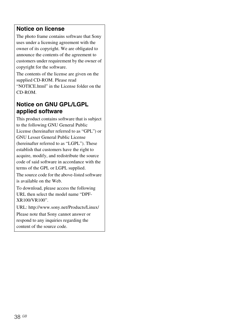 Notice on license, Notice on gnu gpl/lgpl applied software | Sony S-Frame 4-259-434-13 (1) User Manual | Page 38 / 40