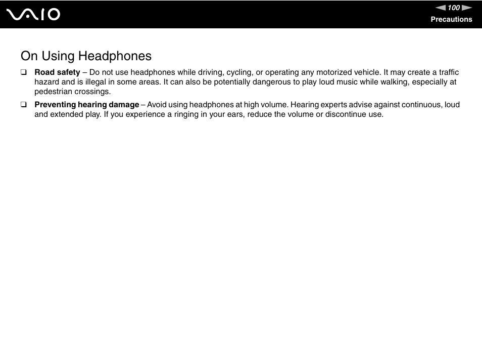 On using headphones | Sony VAIO VGN-N300 User Manual | Page 100 / 154