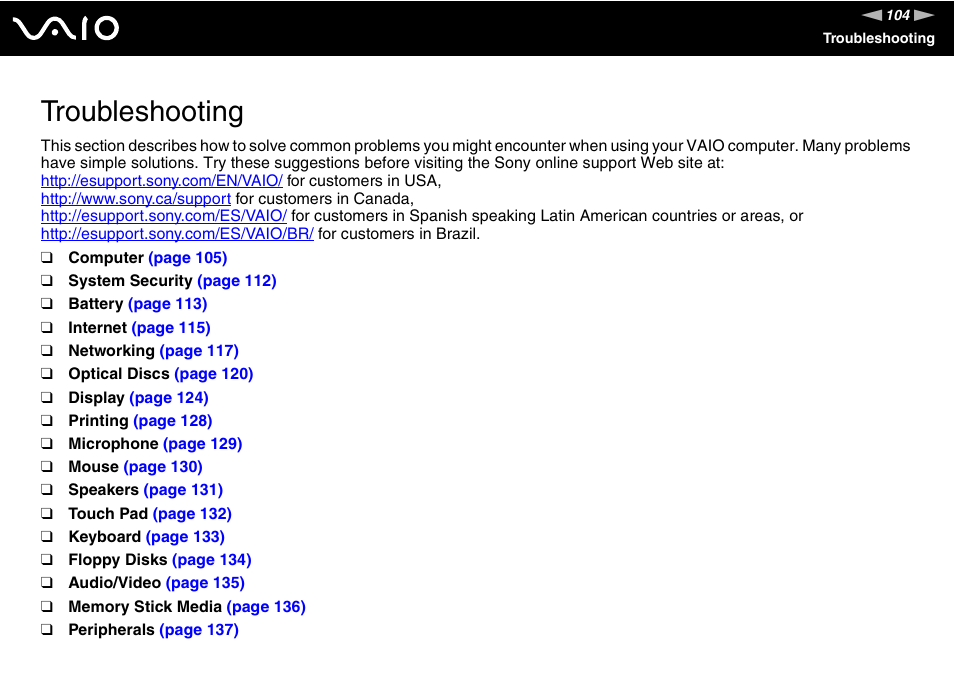 Troubleshooting | Sony VAIO VGN-N300 User Manual | Page 104 / 154