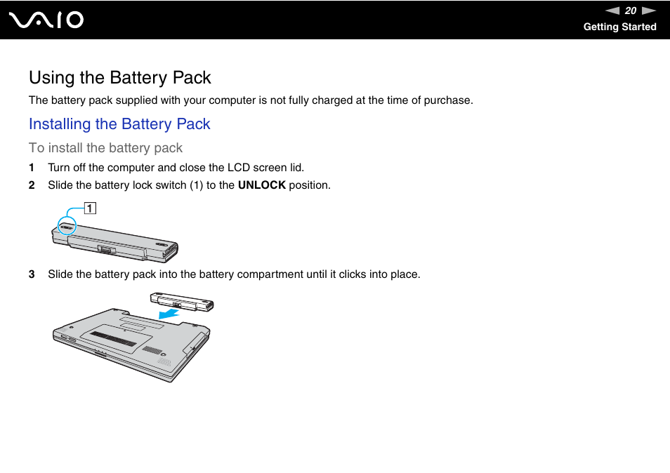 Using the battery pack, Installing the battery pack | Sony VAIO VGN-N300 User Manual | Page 20 / 154