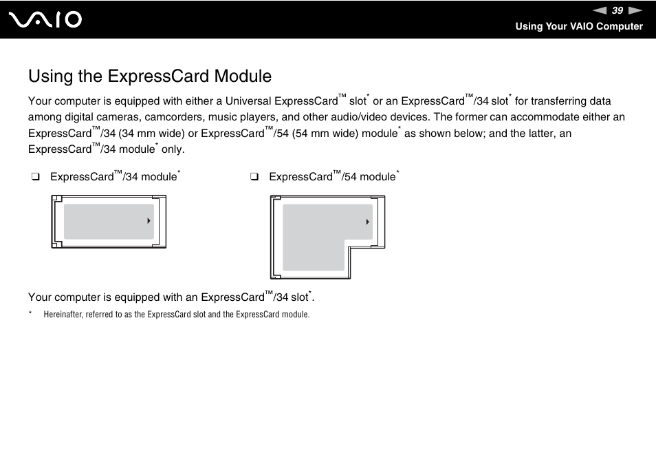 Using the expresscard module | Sony VAIO VGN-N300 User Manual | Page 39 / 154