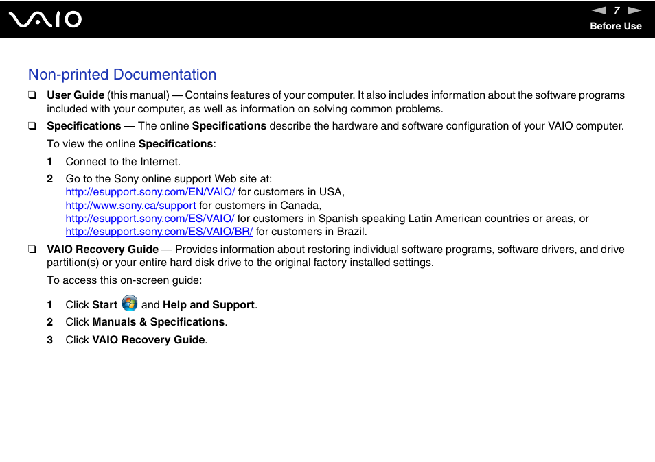 Non-printed documentation | Sony VAIO VGN-N300 User Manual | Page 7 / 154