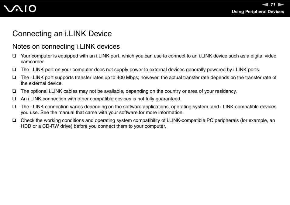 Connecting an i.link device | Sony VAIO VGN-N300 User Manual | Page 71 / 154