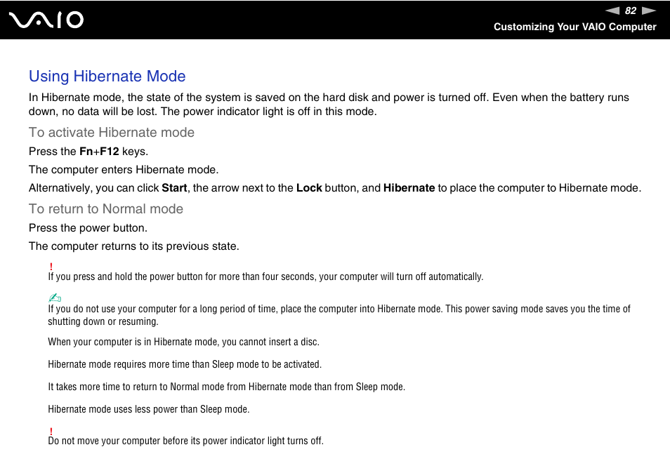 Using hibernate mode | Sony VAIO VGN-N300 User Manual | Page 82 / 154