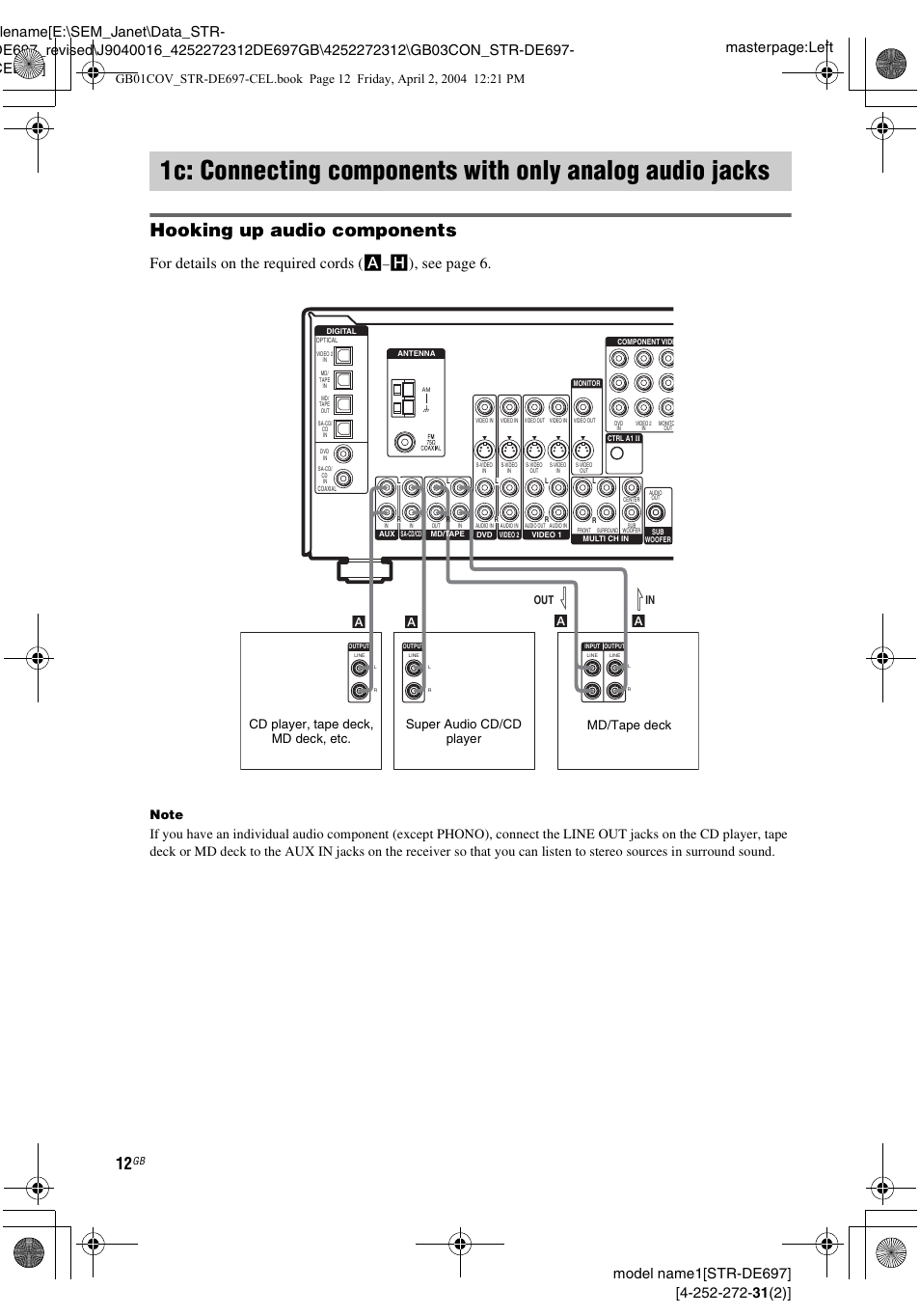 1c: connecting components with, Only analog audio jacks, Hooking up audio components | For details on the required cords ( a, H), see page 6, Al in a l out a | Sony STR-DE697 User Manual | Page 12 / 56