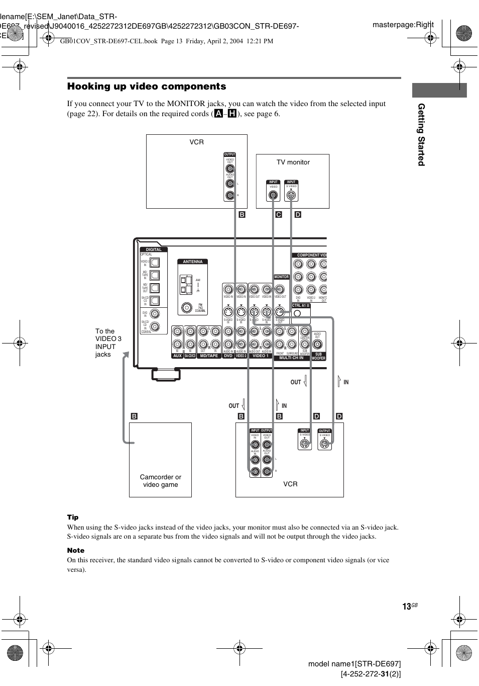 Hooking up video components, Gettin g star ted, H), see page 6 | Lb d d, Bc d, Out l in l out l b b | Sony STR-DE697 User Manual | Page 13 / 56