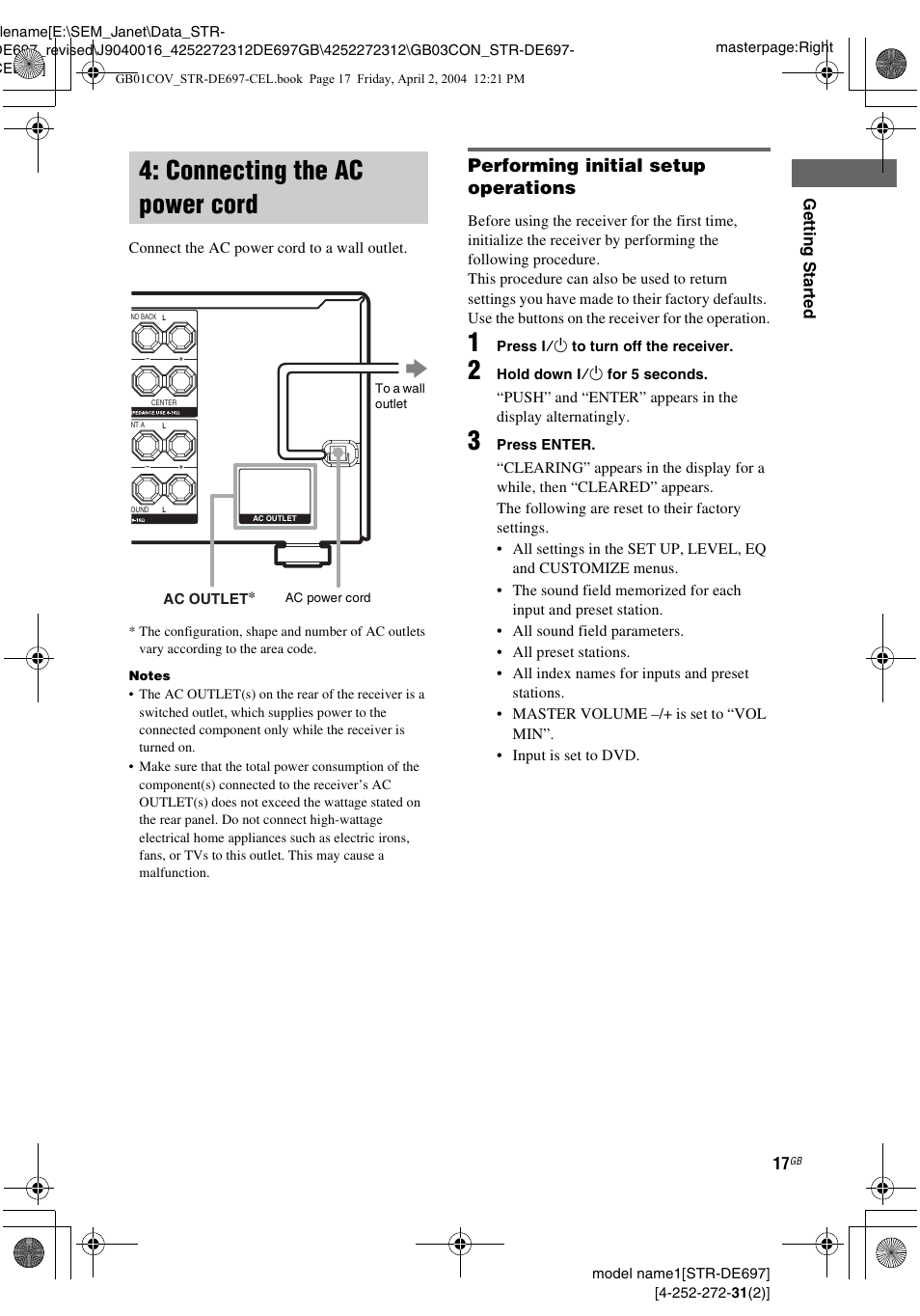 Connecting the ac power cord, Performing initial setup operations | Sony STR-DE697 User Manual | Page 17 / 56