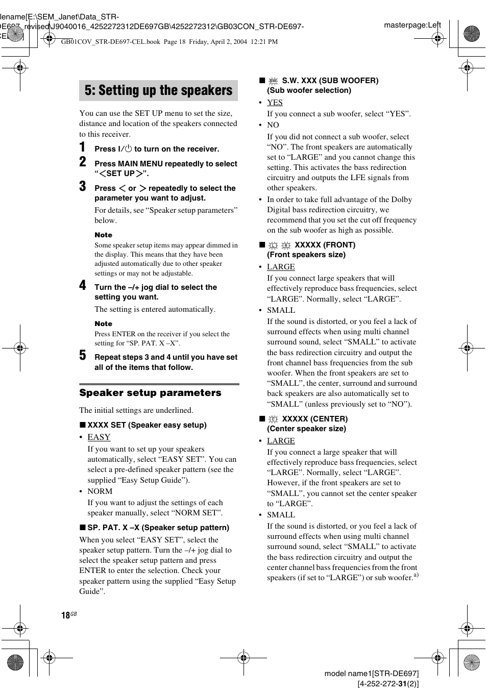 Setting up the speakers | Sony STR-DE697 User Manual | Page 18 / 56