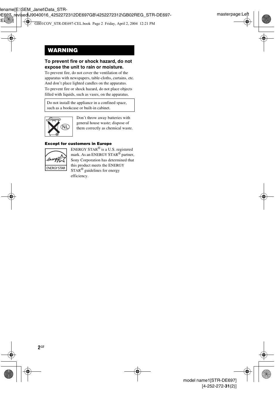 Warning | Sony STR-DE697 User Manual | Page 2 / 56