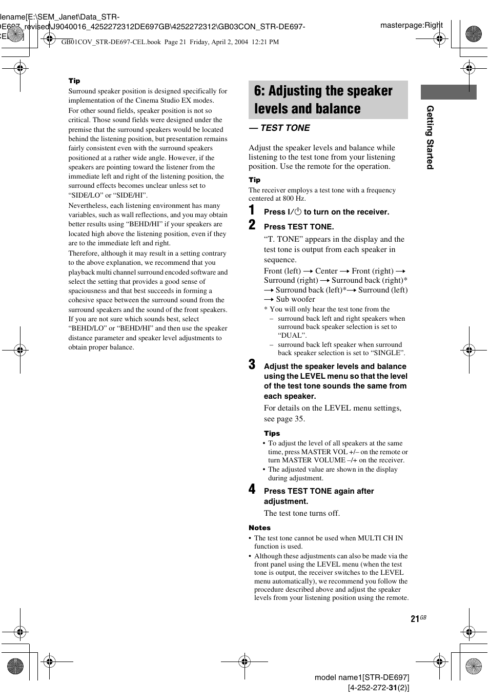 Adjusting the speaker levels and balance, Test tone, Adjusting the speaker levels and | Balance — test tone | Sony STR-DE697 User Manual | Page 21 / 56