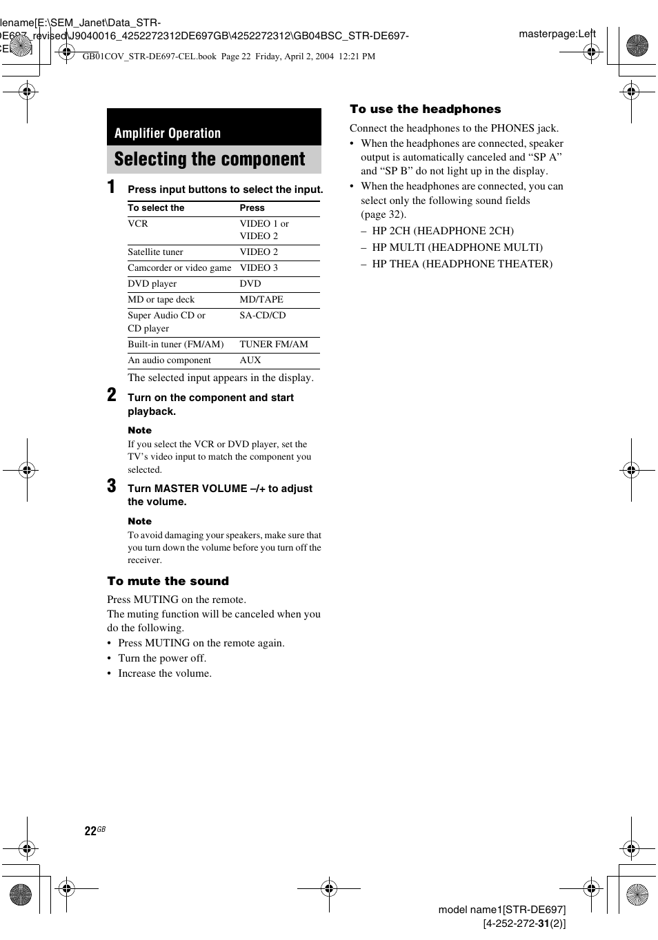 Amplifier operation, Selecting the component | Sony STR-DE697 User Manual | Page 22 / 56