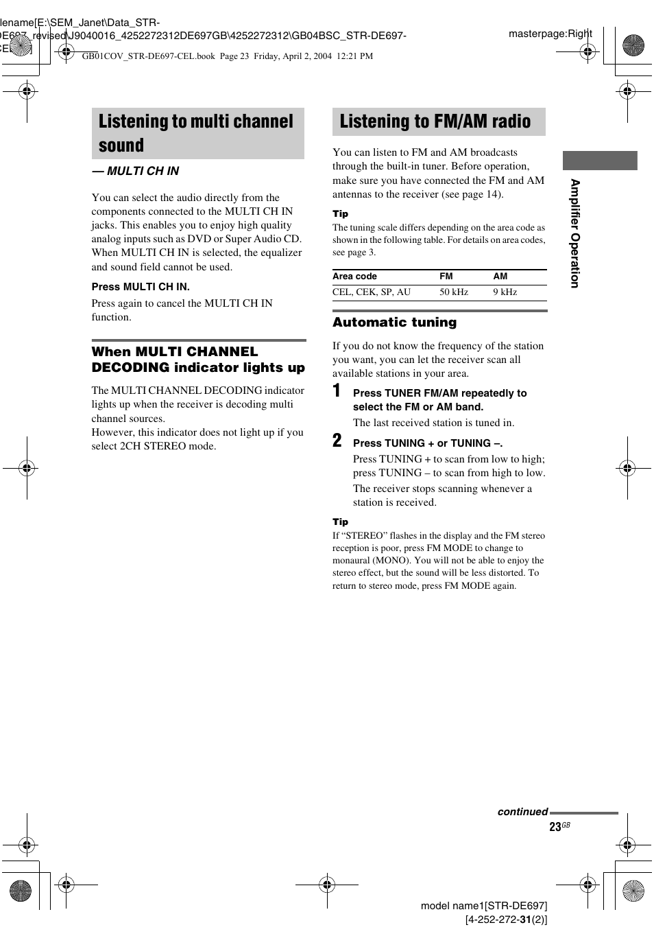 Listening to multi channel sound, Multi ch in, Listening to fm/am radio | Sony STR-DE697 User Manual | Page 23 / 56