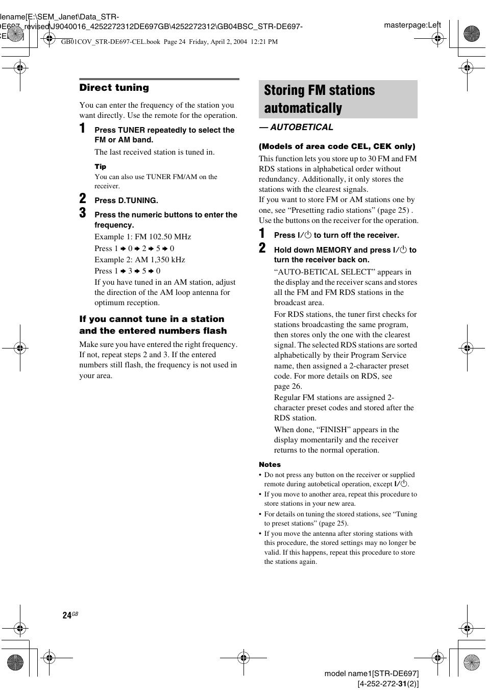 Storing fm stations automatically, Autobetical, Autobetical (models of area code cel, cek only) | Sony STR-DE697 User Manual | Page 24 / 56