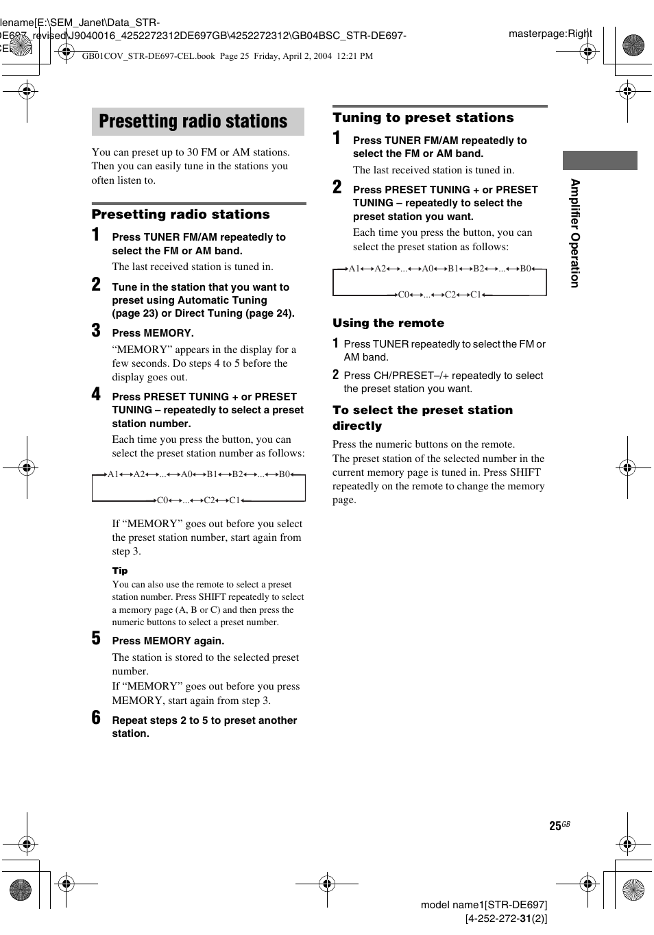 Presetting radio stations, See “tuning | Sony STR-DE697 User Manual | Page 25 / 56