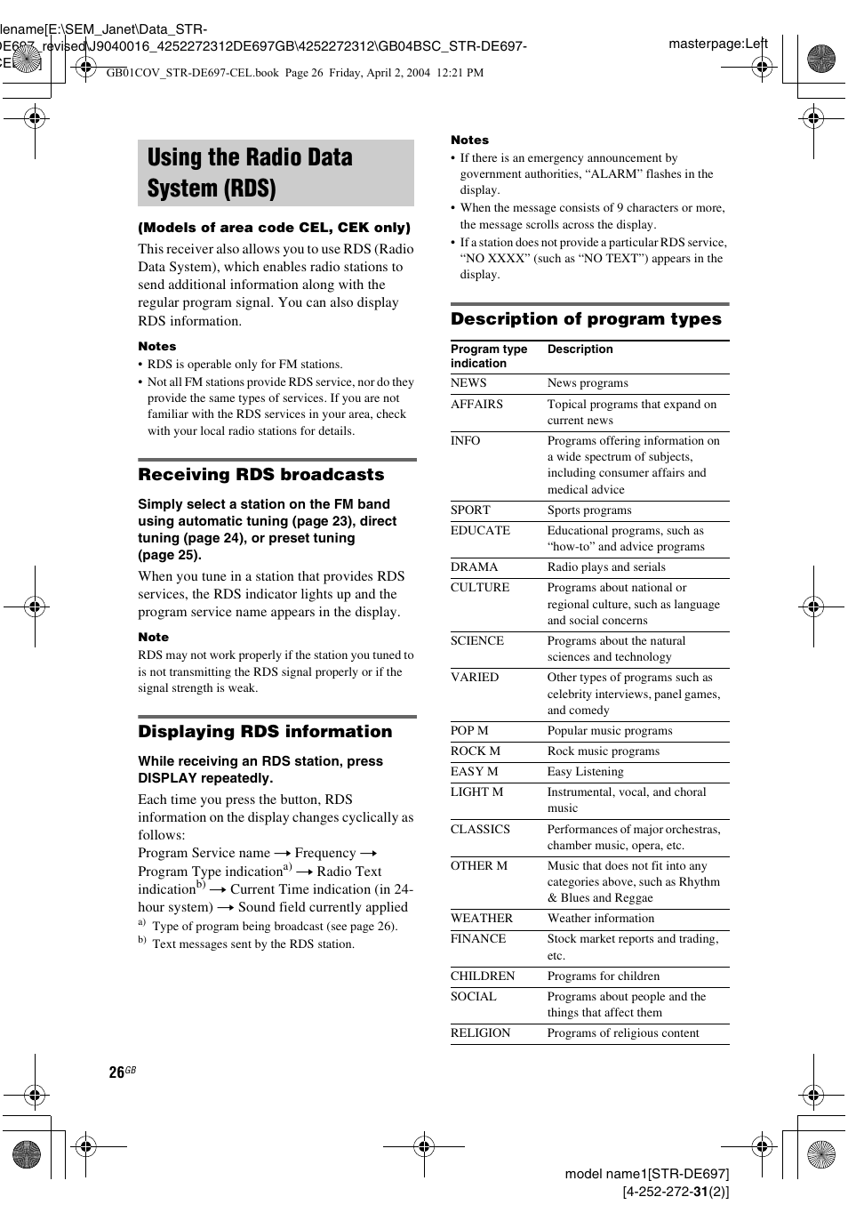 Using the radio data system (rds), Models of area code cel, cek only), Receiving rds broadcasts | Displaying rds information, Description of program types | Sony STR-DE697 User Manual | Page 26 / 56