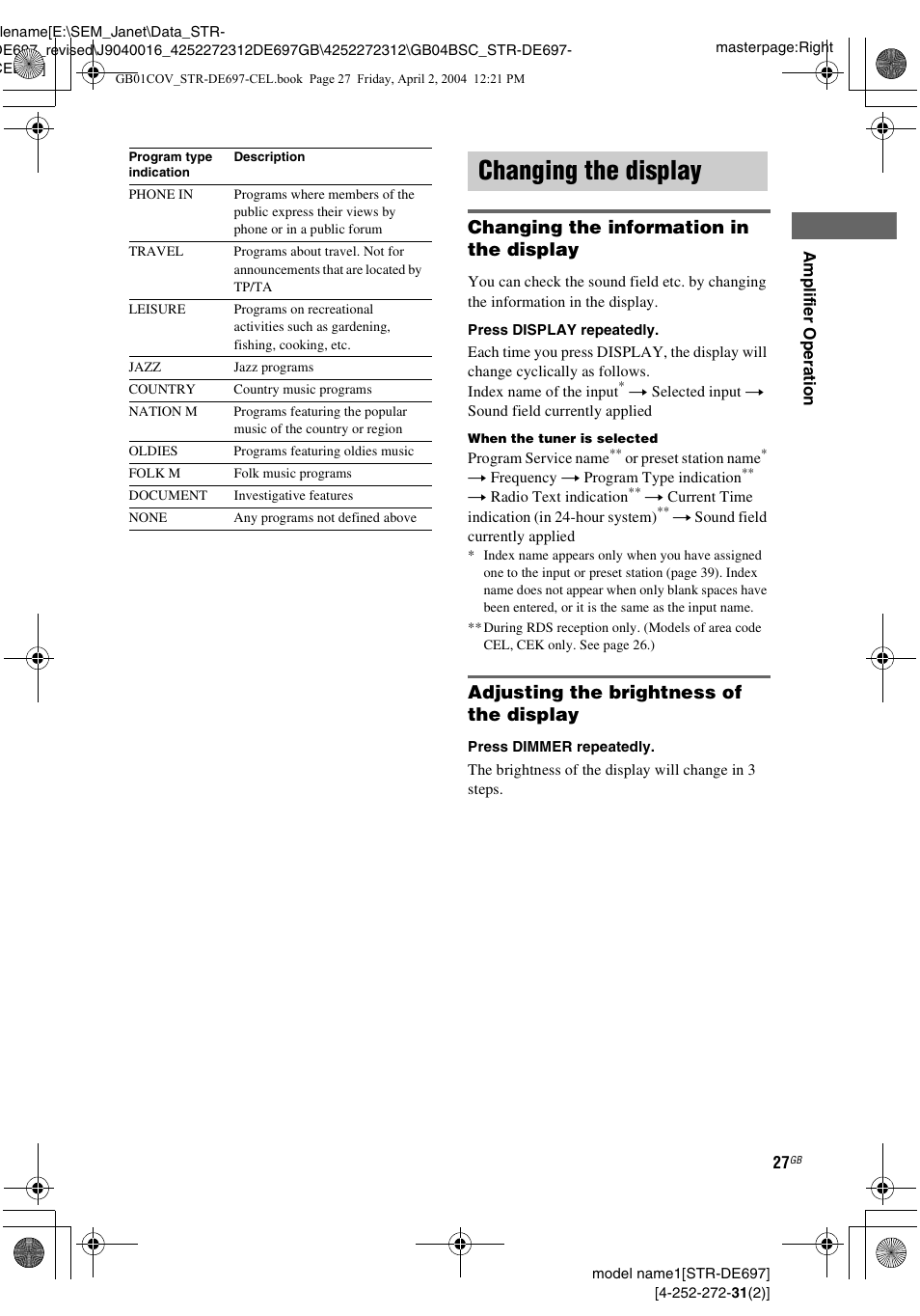 Changing the display, Changing the information in the display, Adjusting the brightness of the display | Sony STR-DE697 User Manual | Page 27 / 56
