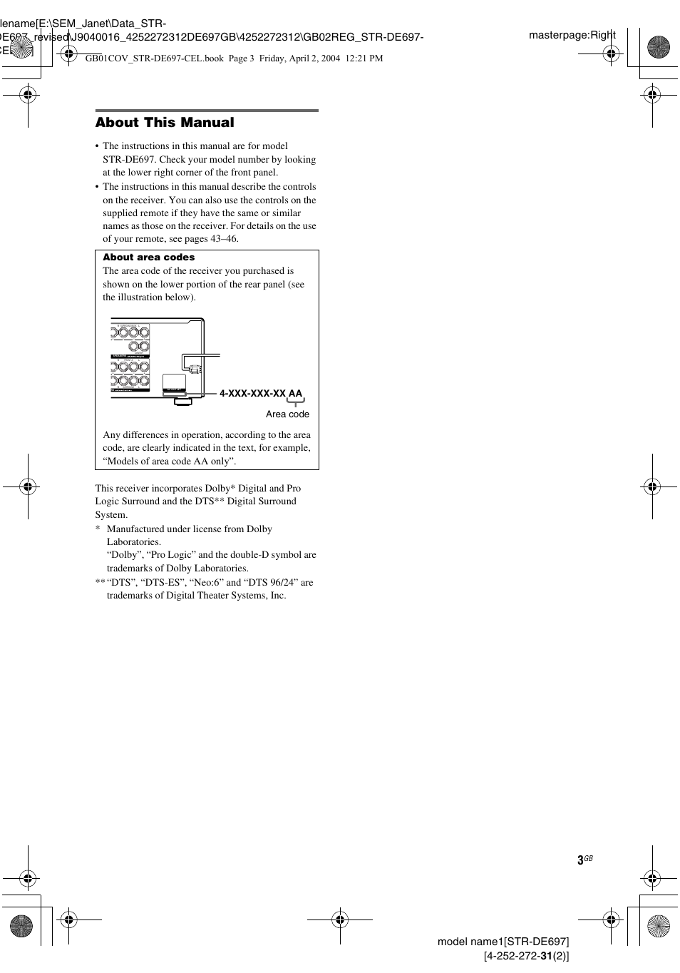About this manual, About area codes | Sony STR-DE697 User Manual | Page 3 / 56
