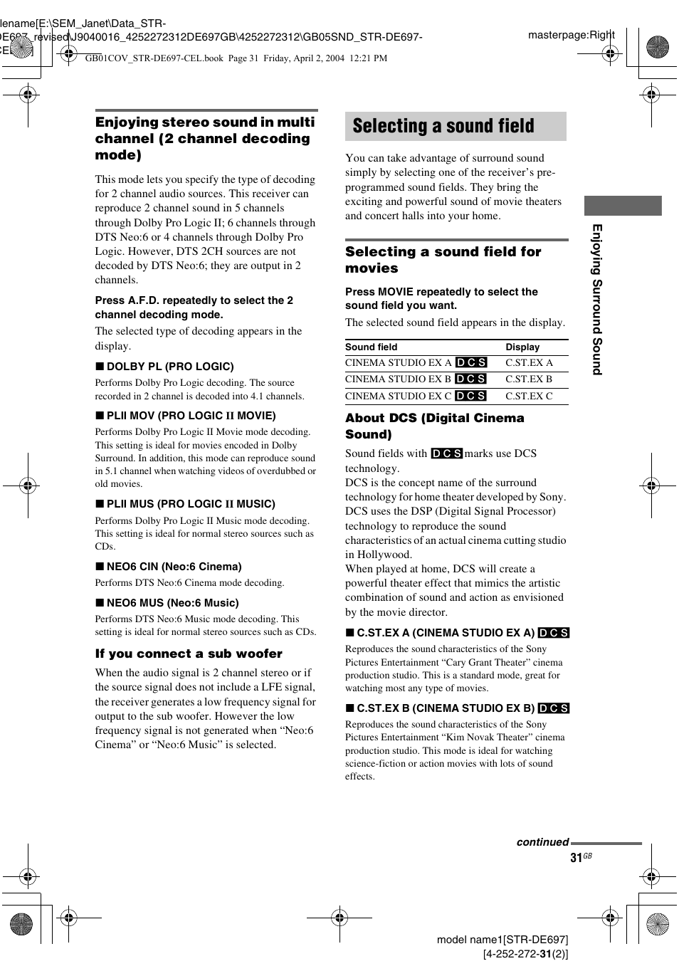 Selecting a sound field, Selecting a sound field for movies | Sony STR-DE697 User Manual | Page 31 / 56