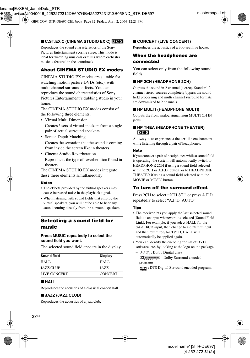 Selecting a sound field for music | Sony STR-DE697 User Manual | Page 32 / 56