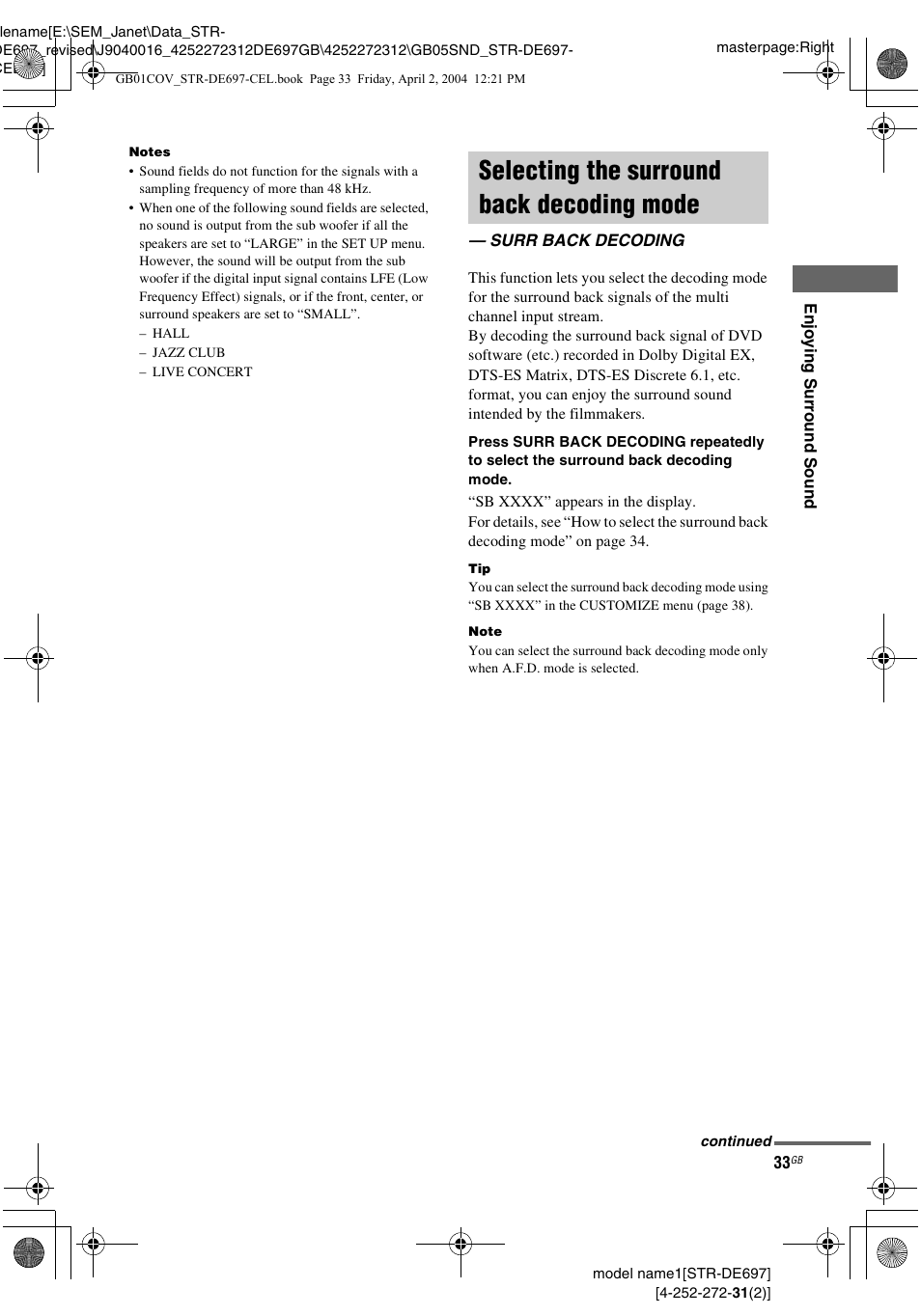 Selecting the surround back decoding mode, Surr back decoding, Selecting the surround back decoding | Mode — surr back decoding | Sony STR-DE697 User Manual | Page 33 / 56