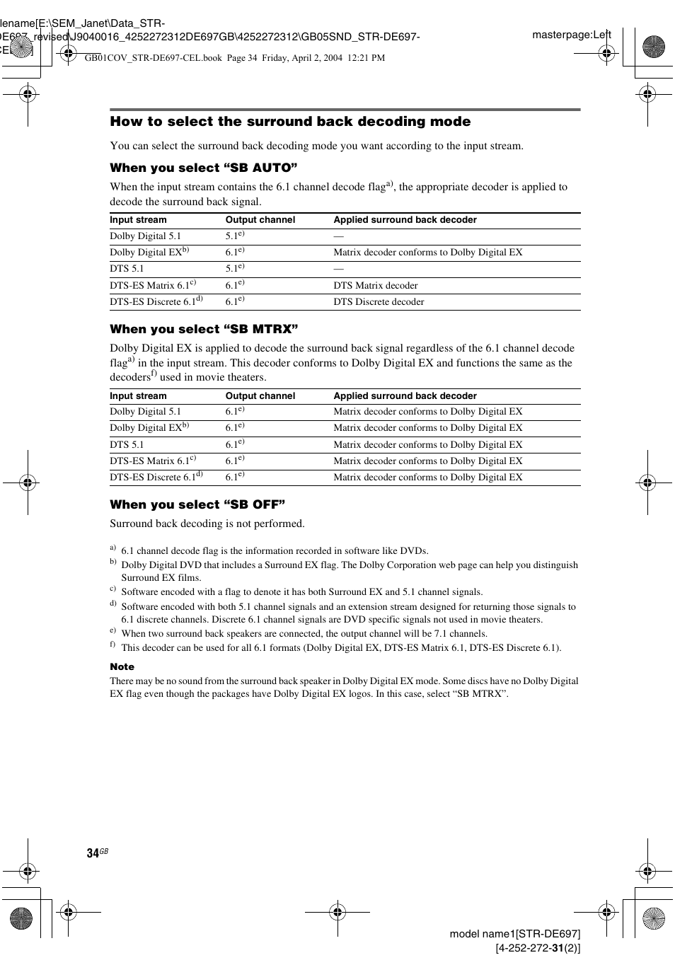 How to select the surround back decoding mode, When you select “sb auto, When you select “sb mtrx | When you select “sb off | Sony STR-DE697 User Manual | Page 34 / 56