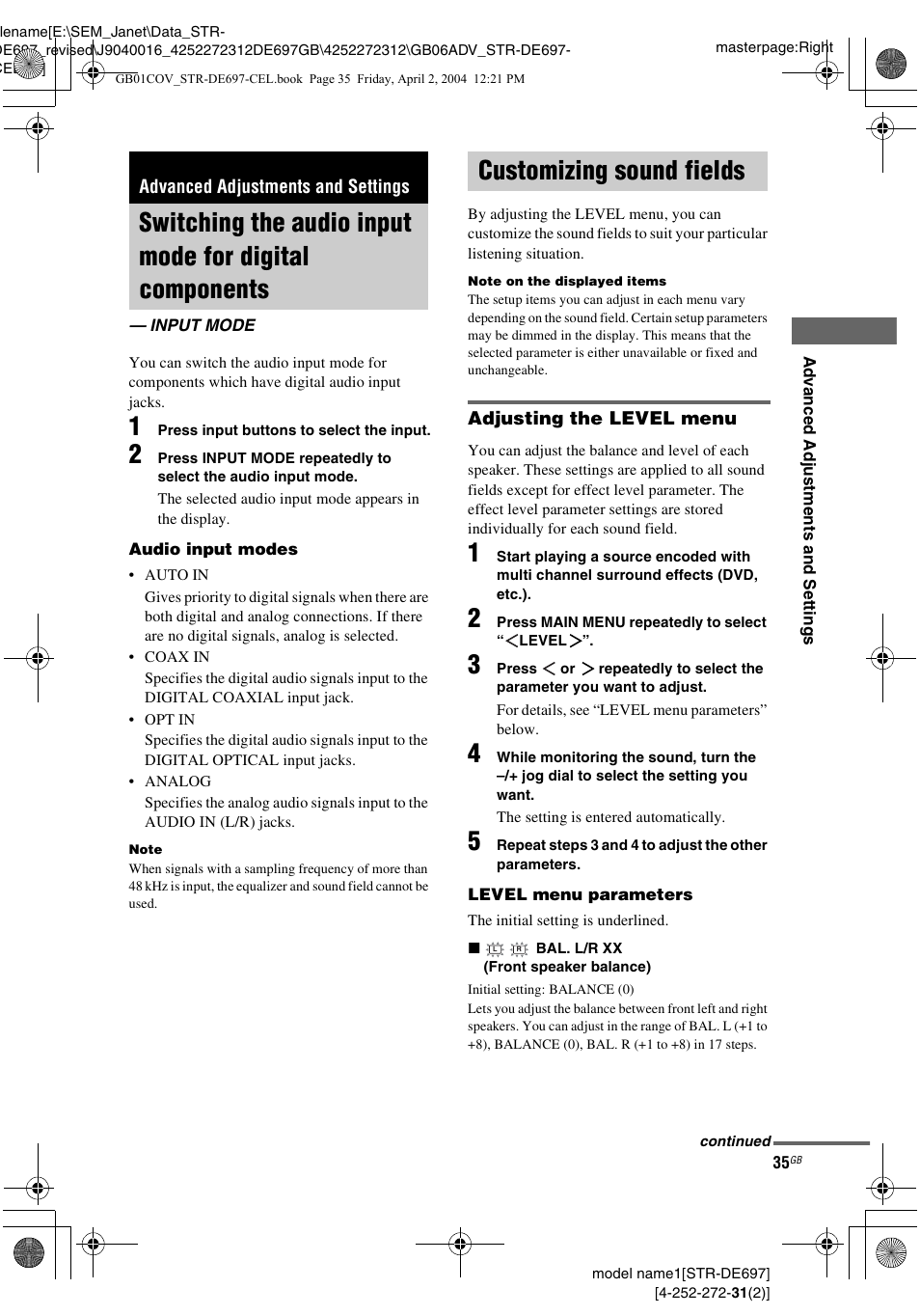 Advanced adjustments and settings, Input mode, Customizing sound fields | Switching the audio input mode for digital, Components — input mode | Sony STR-DE697 User Manual | Page 35 / 56