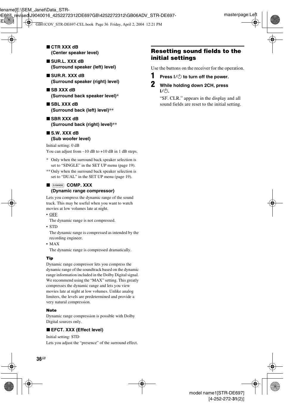 Resetting sound fields to the initial settings | Sony STR-DE697 User Manual | Page 36 / 56